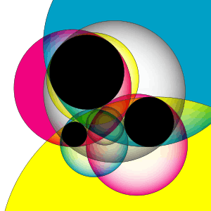 Three black circles in the plane and eight additional overlapping circles tangent to these three.