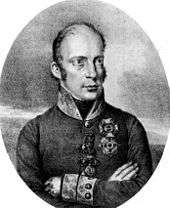 Print of balding man with large eyes in a gray uniform