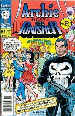 Archie and his friends are in the middle ground dancing at a school event. Punisher is in the foreground holding a gun. Archie's speech balloon reads "I knew there'd be chaperones, but this is ridiculous!" A band is playing music in the background. At the top of the image, the title "Archie Meets the Punisher" is displayed with the character names in their traditional logos.