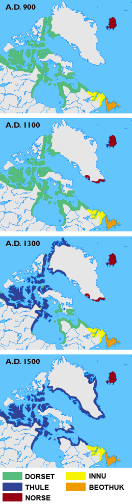 Maps showing the different cultures (Dorset, Thule, Norse, Innu, and Beothuk) in Greenland, Labrador, Newfoundland and the Canadian arctic islands in the years 900, 1100, 1300 and 1500