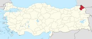 Ardahan highlighted in red on a beige political map of Turkeym