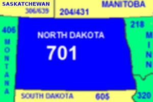 Map of North Dakota area code in blue (with border states and provinces)