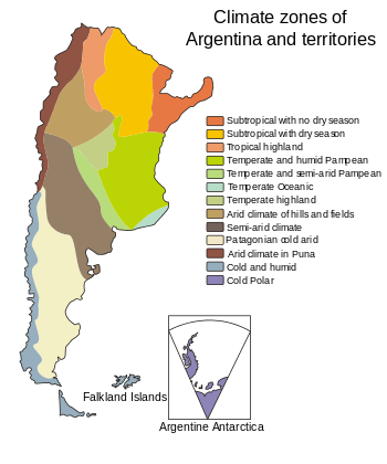 Map showing the different climate zones found within Argentina