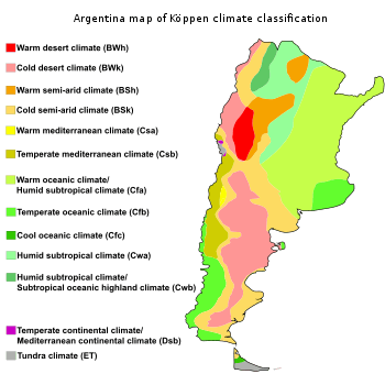 Map showing the different climate zones found within Argentina based on the Köppen climate classification