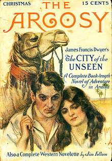 cover artwork for Argosy showing the upper portions of a man, a woman, and a camel. A desert landscape can be seen over the woman's shoulder. Cover copy advertises Dwyer's story.