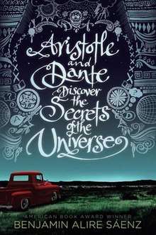 Cover art for "Aristotle and Dante Discover the Secrets of the Universe", which depicts an empty red pickup truck parked in the middle of an empty field in the Southwestern United States.  Above the truck are a number of symbols, including a skull, flowers, a book, rainclouds, the sun, question marks, and indigenous designs.
