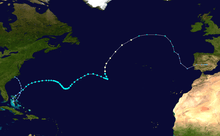 A map of a path across the Atlantic Ocean. The Eastern United States and the Canadian Maritimes are seen on the left side of the image, while Bermuda is seen closer to the center. Cuba is also depicted on the bottom-left.