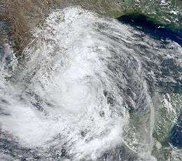A satellite image of a large, swirling mass of clouds making landfall in Mexico