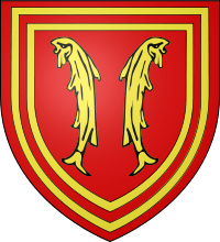 Gules, two fishes Or addorsed, bordured multiply: gules, Or, gules, Or