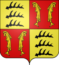 Quartered — I and IV: Or, three stag's antlers sable; II and III: gules, two fishes Or addorsed