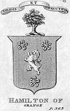 Hamilton of Grange arms, crest, and motto