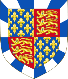 Quarterly: 1st and 4th: azure semy-de-lis Or; 2nd and 3rd: gules three leopards Or; overall a bordure compony argent and azure