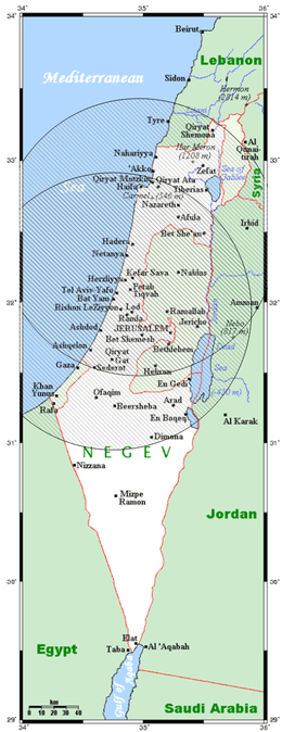 Coverage of Israel provided by two Arrow 2 batteries, derived from their published locations (Palmachim, Ein Shemer) and range (90–100 km).