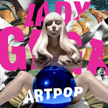 A nude sculpture of Gaga with a blue gazing ball in front of her. Information on the album is superimposed on her.