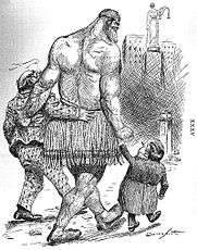 A political cartoon. A gigantic Samson-like figure is led towards a ballot box by a cigar-smoking man in a checked suit and a tiny man reminiscent of a dwarf. Lady justice can be seen on a tall pillar in the background, hiding her eyes.