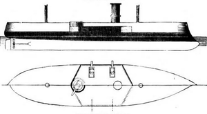 A simple side drawing of a ship with black shaded areas showing the waterline belt armor and the casemate.