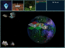 An image of a planet with an overlay grid of colored squares. Beside the planet sit cartoons representing orbital structures.