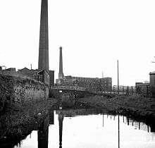 A canal leading towards two mills with tall chimneys