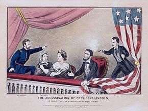 A drawing of five people, two women and three men, the rightmost of which is shooting a gun at the man sitting next to him