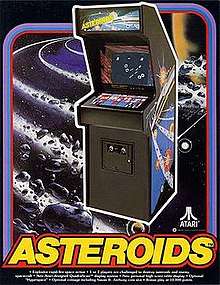 An arcade cabinet over a background of asteroids in rings around a planet. The Asteroids logo and details about the game are seen at the bottom of the flyer.