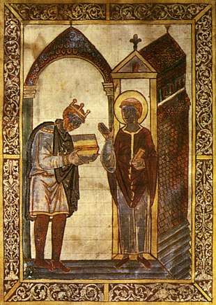 Crude painting of King Athelstan wearing his crown and handing over the book to a haloed Saint Cuthbert. Both men wear medieval robes.