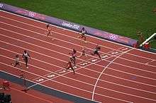 Colour photograph of the finish of the first quarterfinals heat of the women's 100 meter race at the 2012 Summer Olympics