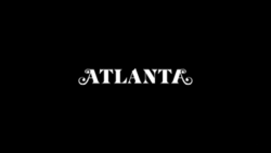 On a black background, the word Atlanta written in white block capital letters, the first and last letter A have extra stylized curls