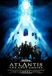 The expedition crew stand together as a mysterious woman is floating in the background, surrounded by stone effigies and emitting brilliant white beams of light from a crystal necklace.