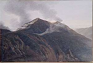 Painting of a mountain topped with a fortification showing smoke where soldiers are battling
