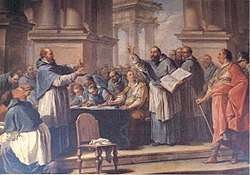 Painting of Augustine of Hippo arguing with a man before an audience