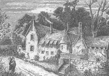 drawing of rickety old house with man walking on path