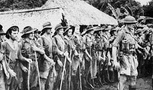 Soldiers on parade in front of a hut in a tropical setting. An officer in a steel helmet with a walking stick stands in front facing away from them, while the men behind him are wearing a various assortment of uniforms including steel helmets, slouch hats, shorts and are carrying rifles