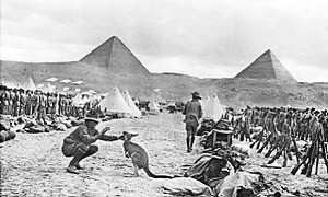 A soldier playing with a kangaroo, while in the middle distance other soldiers are formed up in ranks in front of a number of tents. Two large pyramids are partially obscured by a large hill in the background.