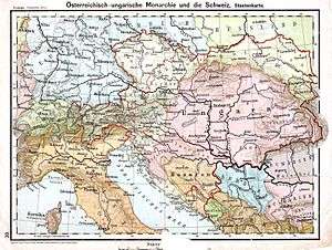 A map showing Austria-Hungary, northern Italy, and the northern Adriatic Sea. The internal divisions of Austria and Hungary are shown as well.