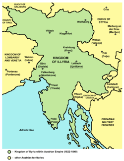The northeast coast of the Adriatic, with the Austrian Kingdom of Illyria highlighted among the other Austrian territories (the Kingdom of Lombardy–Venetia, the County of Tirol, the Duchy of Salzburg, the Duchy of Styria, the Kingdom of Croatia and the Croatian Military Frontier)