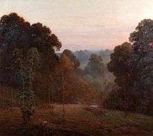 Painting of thick foliage of wooded slopes of a small valley at sunset