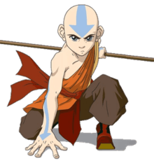 Aang kneeling in a battle pose, holding his staff behind him.