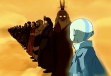 The Avatars standing in line, including Aang, Roku, Kyoshi, Kuruk, and Yangchen, in that order.