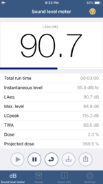 Smartphone application screenshot showing 90.7 dB