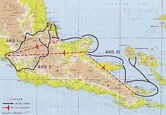 A map of the Papua showing three arrows converging on Buna.