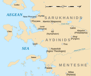 Map of western central Anatolia and the offshore islands, with the main cities of the period and rivers marked