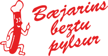 The logo of Bæjarins Beztu Pylsur, featuring an anthropomorphic sausage and stylised red text reading the company name.