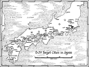 Black and white map of Honshu, Kyushu and Shikoku with cities which were attacked by B-29 bombers as described in the article marked