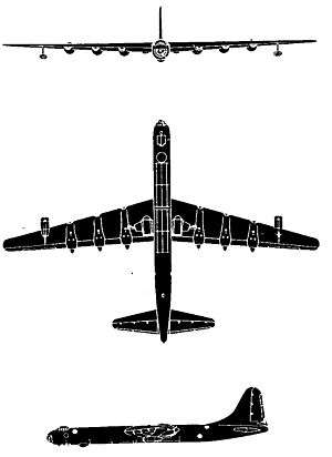 Silhouette views of B-36F from front, bottom, and side