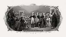 BEP vignette by Delnoce & Girsch of Trumbull’s painting General George Washington Resigning His Commission