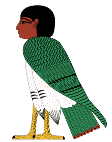 An anthropomorphic bird with a human head in ancient Egyptian style, colored in green, yellow, white, red, brown, and black