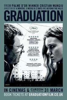 A father and his daughter hug each other in front of a light grey-purple background. The film's title, awards recognition and praise from critics are placed above them, with the "n" in Graduation raised higher than the title's other letters.