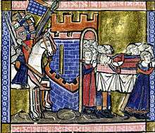 A crowned dead man is carried across a gate of a fortress by 10 people and they are accompanied by armed knighst