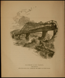1885 drawing of a rail bridge and train