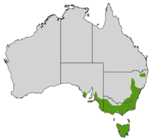 a map of Australia with a green area across the a broad swathe of the southeastern corner of the continent plus Tasmania and Bass Strait Islands